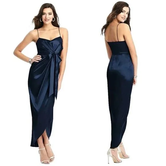 Nwt After Six Charmeuse Stretch Draped Midi Dress 10 Midnight Blue Satin Wrap - Picture 1 of 4